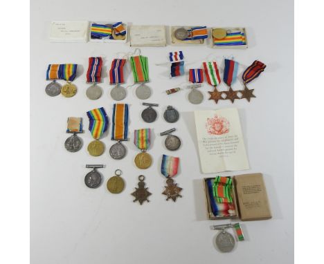 A collection of World War I medals, to include three for Pnr A T Groves RE 114688, two for Cpl W H Groves R Fus GS2074 with o