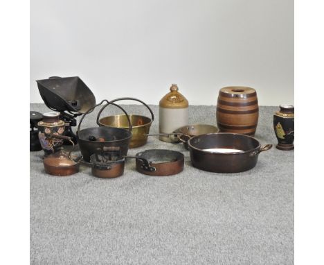 A collection of mainly 19th century metal wares, to include jam pans, a kettle, scales and a pair of Chinese vases