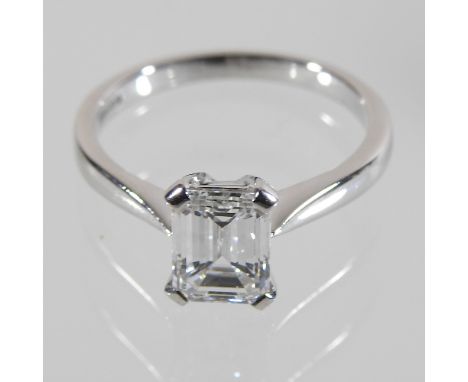 A modern single stone emerald cut diamond ring, approximately 1.52 carats, with certificate, H, VS2