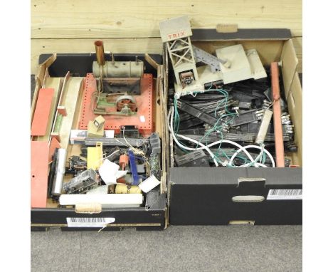 Three boxes to include model railway, together with a Mamod steam powered model vintage car and a model helicopter