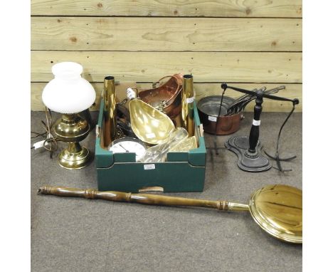 Two boxes of brass and copper items, to include a set of copper saucepans, a converted oil lamp and a warming pan