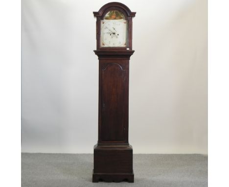 A George III oak cased longcase clock, the painted dial signed Ipswich, having an eight day movement, 201cm high