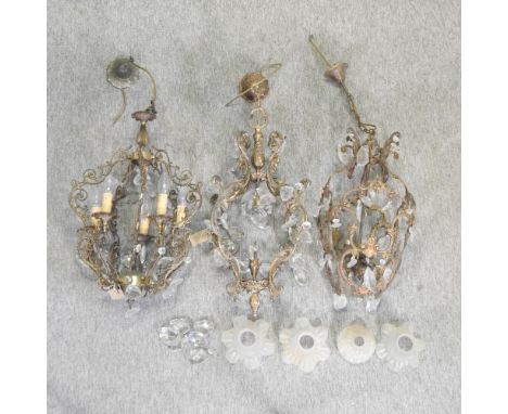 A French metal and glass ceiling light, together with two others, highest 88cm