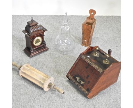 A 19th century glass chemist's display jar, 52cm high, together with an 18th century pine candle box, an Edwardian mantel clo