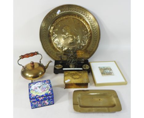 A set of Victorian postal scales, together with a brass dish, a Glynn Thomas print, two propelling pencils and other items