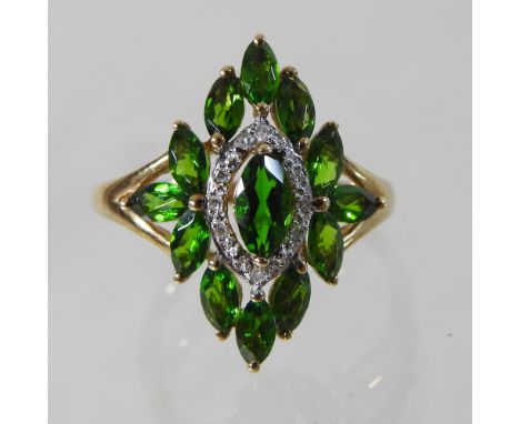 A large 9 carat gold green diopside and diamond set cluster ring, boxed