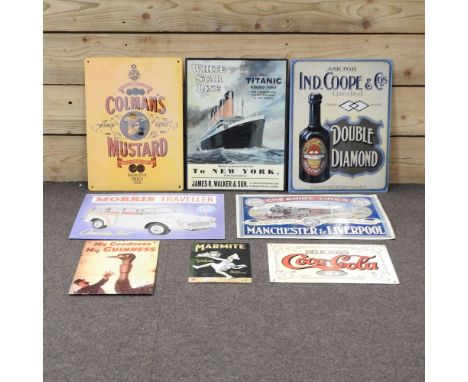 A vintage style metal Titanic advertising sign, 40 x 30cm, together with seven other vintage style signs (8)
