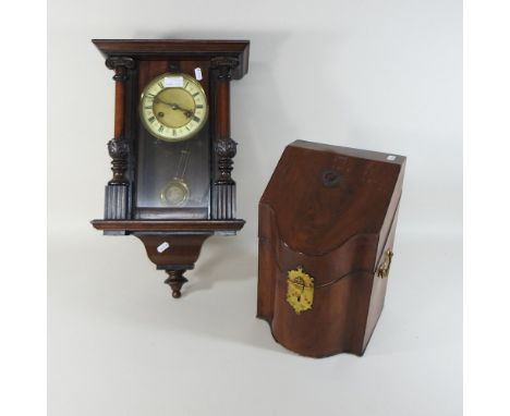 A 19th century Vienna style wall clock, 50cm high, together with a George III knife box