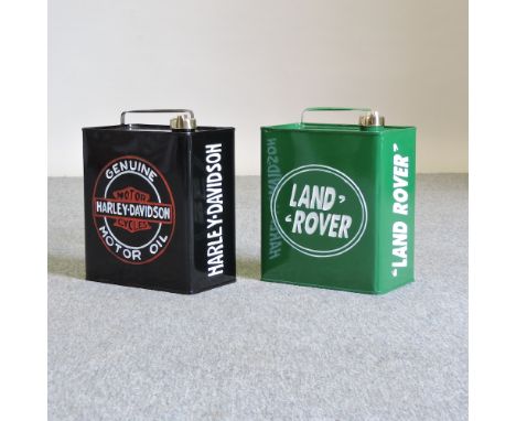 A Harley Davidson advertising petrol can, together with a Land Rover advertising petrol can, each 28cm high