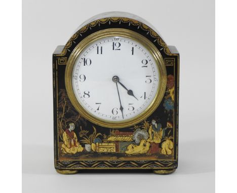 A 1920's black japanned and chinoiserie decorated mantel clock, 16cm high