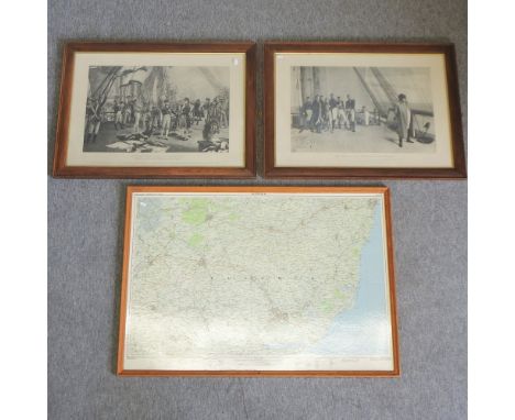 A framed ordnance survey map of Suffolk, 72 x 104cm, together with a pair of prints of Lord Nelson (3)