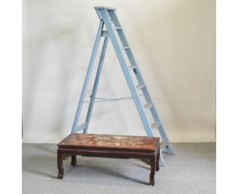 A vintage blue painted wooden stepladder, together with a Chinese coffee table, 100cm and a stool