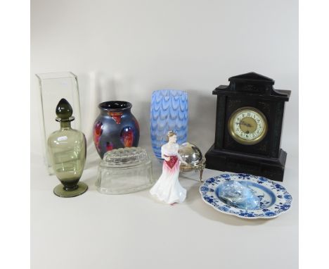 A Victorian ebonised mantel clock, together with a Poole pottery vase, other glassware and ceramics and a set of oak wall she
