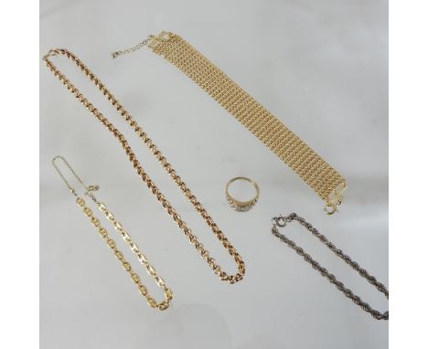 A 9 carat gold bi-colour gold ring, together with a 9 carat gold belcher chain, a 9 carat gold bracelet, a silver bracelet an