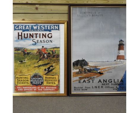 An LNER reproduction advertising poster, Remember East Anglia, 100 x 67cm, together with another, GWR 'Hunting Season' (2)
