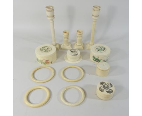 A collection of early 20th century bone and ivory items, to include candlesticks, trinket jars and bangles