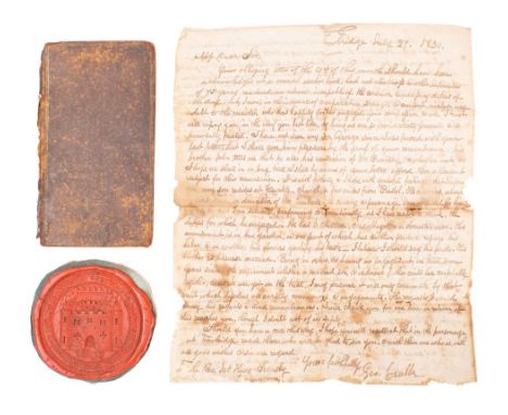 DEVIZES : Borough of Devizes corporate red seal mounted on card, diameter 70 mm. With a 2 page manuscript letter from Trowbri