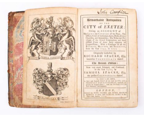 IZACKE, R & S - Remarkable Antiquities of the City of Exeter : eng. frontis. folding plan (torn without loss), fold plate tor
