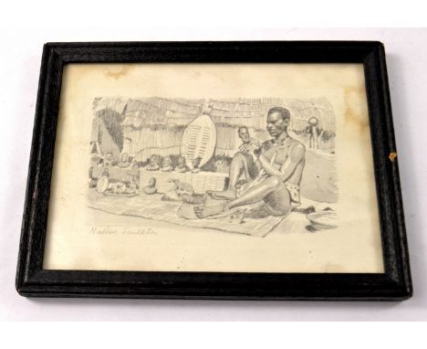 A vintage African native sculptor at work pencilled framed sketchL: 15.5cm approx  W: 11.5cm approx 