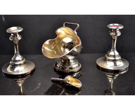 Quantity of silver candlesticks Birmingham Hallmark 1915 light-wooden bases 373g gross  (H: 11cm) and EP salt cellar and scoo