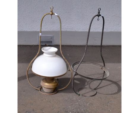 2 cVictorian large brass porch lanterns with superb vintage white opaline glass shade, converted to electricity one metal fra