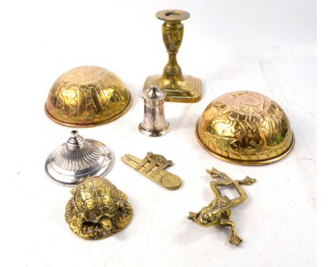 A collection of mainly brass items to include a swimming frog, L 10cm approx, a small tortoise 7cm L, a brass measuring tool,
