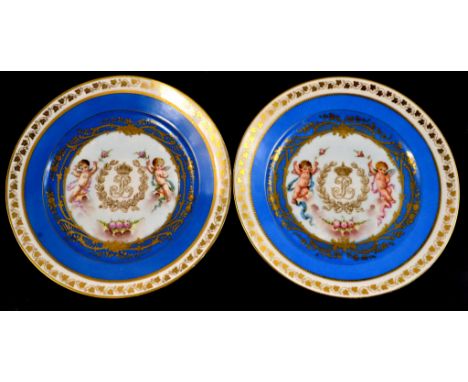 Pair of SEVRES plates, Chateau des Tuileries on base, [manufactured in 1844 during the reign of Louis Philippe 18th, Last Kin