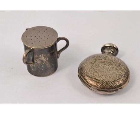 Two Birmingham silver items. 1859 BIRMINGHAM silver very small nip flask with screwtop with initials JB or FB?, dimensions 6c