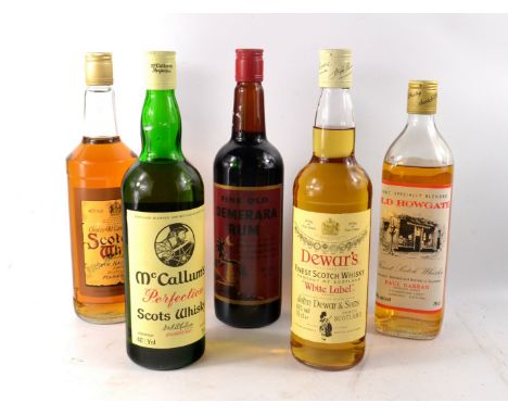A collection of 4 bottles of whisky and one bottle of rum. To include FINE OLD DEMERARA RUM 75cl, McCALLUMS  PERFECTION 75cl,