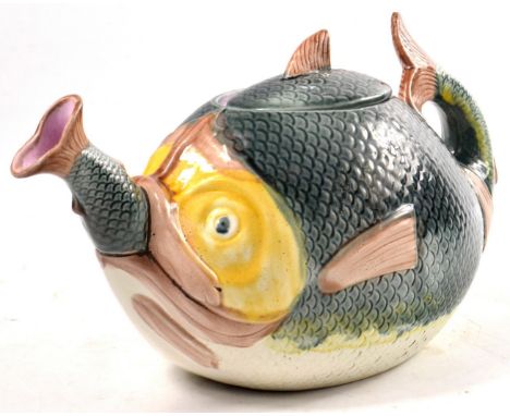 UNUSUAL Large Majolica style fish teapot W: 24cm approx  H: 13cm approx no chips or cracksCondition reports are offered as a 