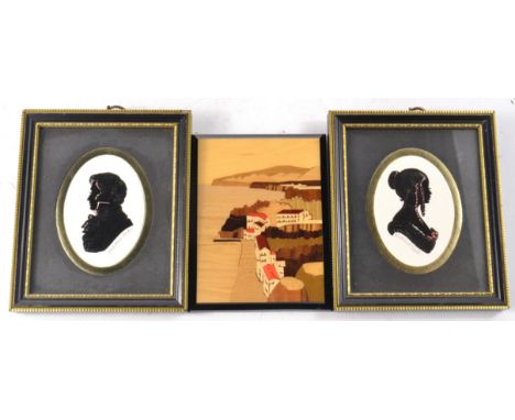 A pair of vintage framed silouettes 15cm x 12cm and a hand-made various woods picture of SORRENTO 12cm x 10cmApprox 3 pieces