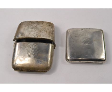 2 silver cigarette cases. 1st smaller case LONDON Hallmark,  has a monogram GJS with a 'FOLLOW ME' on front lid motif,America