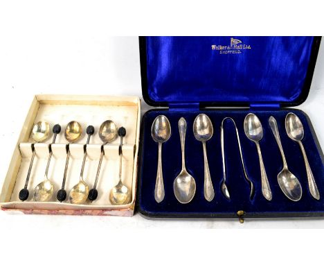 WALKER &amp; HALL Ltd Sheffield vintage canteen to include 6 teaspoons and a set of sugar tongs and a set of 6 EPNS coffee sp