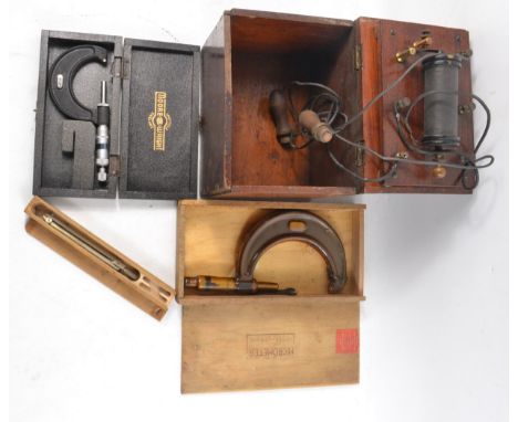 A vintage mahogany boxed resister kit, A MOORE WRIGHT micrometer Instrument No 966, and another Micrometer by MOORE and WRIGH