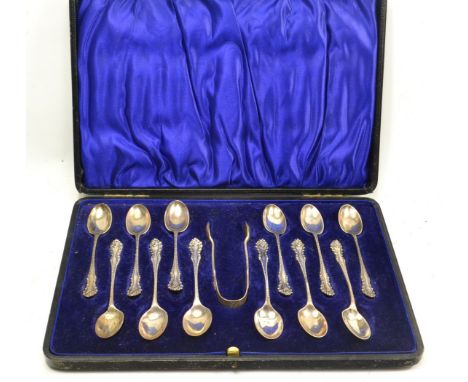 Quality Vintage canteen of 12 Silver Chester Hallmark with HEB FEB stamped teaspoon and tongs, nice qualityGross weight appro
