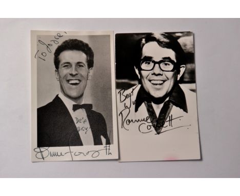 Signed vintage photo cards of BRUCE FORSYTH British all round entertainer and RONNIE CORBETT British all round entertainer 