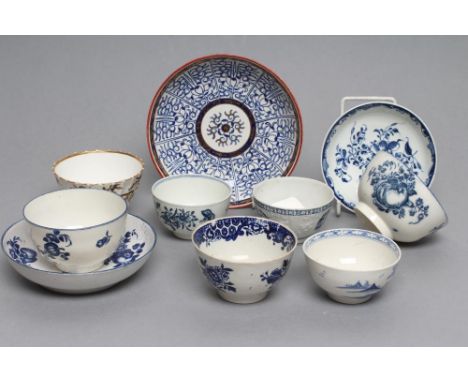 A COLLECTION OF ENGLISH PORCELAIN, 18th century, including a Worcester Mansfield pattern small saucer, 4 1/4" diameter, a Thr