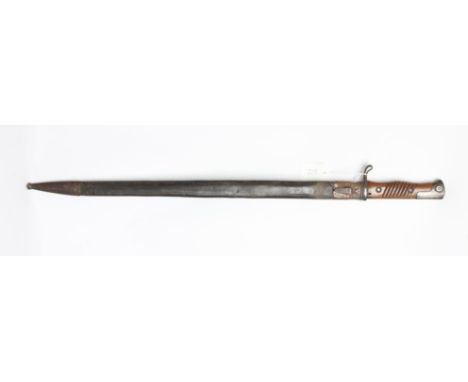 A GERMAN M1898 BAYONET, the 20 1/2" blade stamped "ERFURT", one piece wood grip and leather scabbard, 26 1/2" long (Est. plus