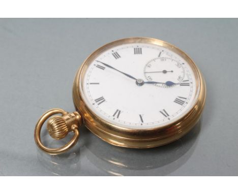 AN 18CT GOLD TOP WIND POCKET WATCH, the white enamel dial with black Roman numerals enclosing subsidiary seconds dial, the si