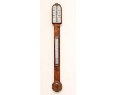 A BURR WALNUT BAROMETER by R & J Beck, London,19th century, with thermometer and opaque glass registers, the case with arched
