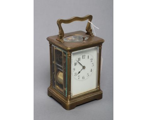 A BRASS CASED CARRIAGE CLOCK, early 20th century, the twin barrel movement with platform escapement and repeater action, the 