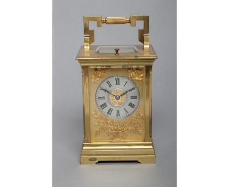 A FRENCH BRASS CASED CARRIAGE CLOCK, early 20th century, the twin barrel movement with platform escapement striking on a gong