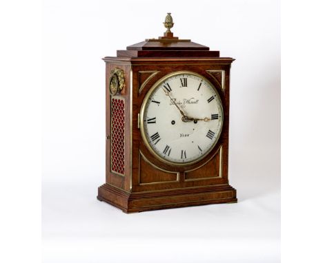 A REGENCY MAHOGANY CASED BRACKET CLOCK by Barber & Whitwell, York, the twin barrel movement with engraved backplate with sign