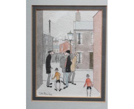 GEOFFREY WOOLSEY BIRKS (1929-1993) Figures Chatting on a Street Corner, watercolour and pencil, signed, 4" X 3", stained fram