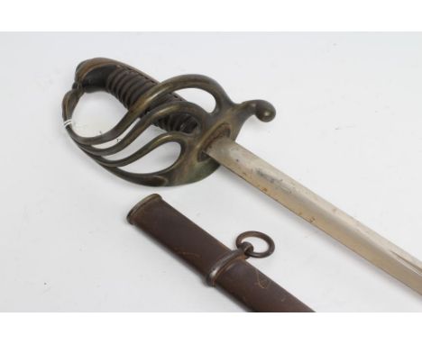 A VICTORIAN OFFICER'S SWORD with 33 1/2" blade, four bar brass hilt, ribbed horn grip and steel scabbard, 40" long (Est. plus