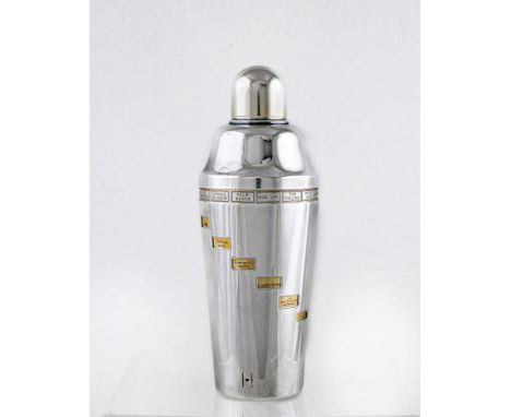 AN ART DECO EPNS RECIPE COCKTAIL SHAKER of flared cylindrical form with lift-off domed cover, the part gilt shaker engraved w