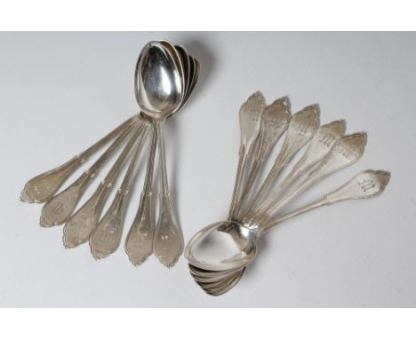 A SET OF TWELVE AMERICAN SILVER TEASPOONS, maker Henrichsen & Greenberg, stamped Sterling, in thread pattern, engraved "M", 6