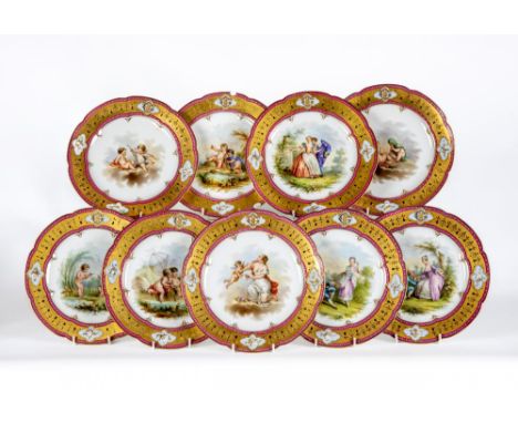 A SET OF NINE FRENCH PORCELAIN CABINET PLATES, late 19th century, of lobed circular form, centrally painted in polychrome ena