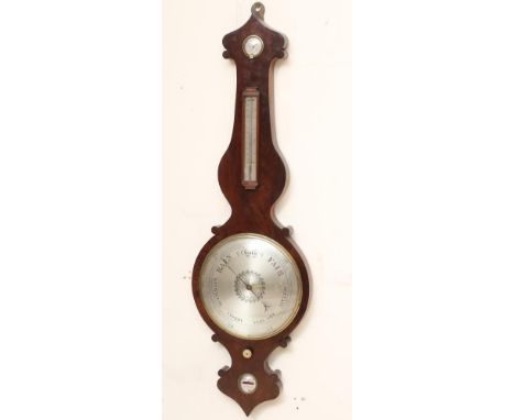 A LARGE MAHOGANY WHEEL BAROMETER, 19th century, with thermometer and 12" silvered dial, the scroll edged case with pointed fi