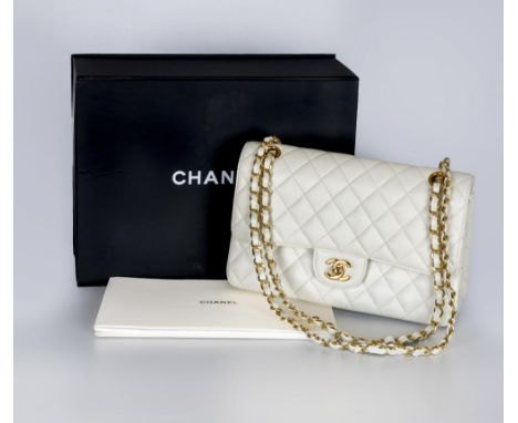 A CHANEL WHITE "CAVIAR" LEATHER QUILTED CLASSIC HANDBAG, with leather and metal chain link handle and double gilt metal "C" c